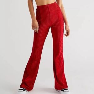 Slim Pull-On Velvet Flare Pants in Red Size Small